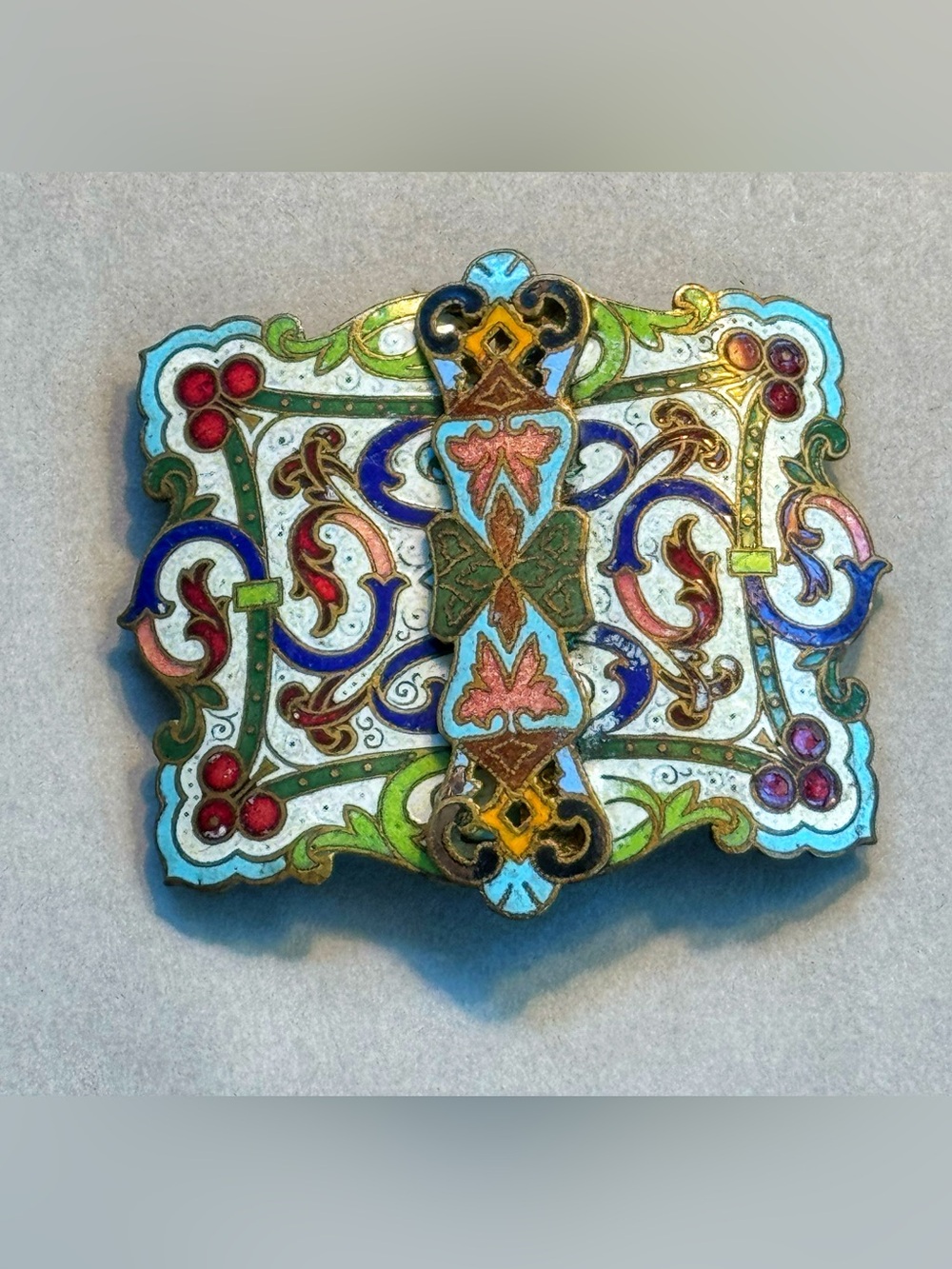 Victorian Cloisonné Ladies Brass Belt Buckle